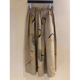 【现货秒发】夏秋季新款复古鬼娃娃印花半身裙亚麻咖色显瘦裙子女