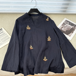 国风新款黑色时尚宽松长袖花立体装饰V领上衣珠时髦衬衣女B62805