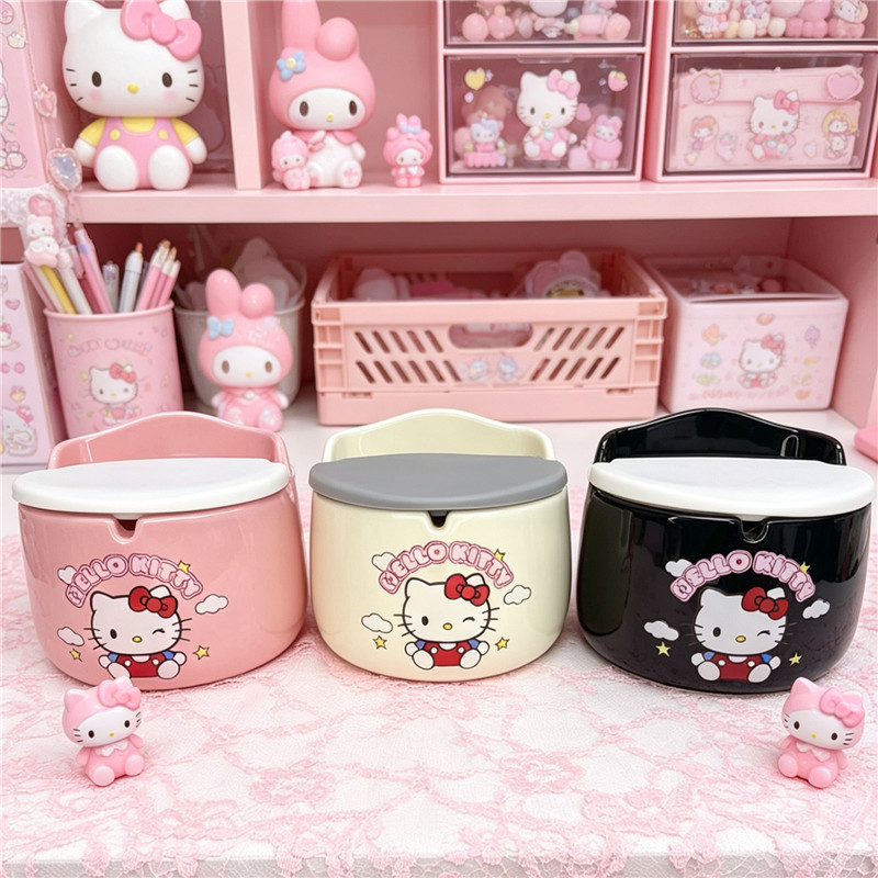 Hello Kitty卡通烟灰缸少女心可爱桌面装饰烟缸带盖子防飞尘可挂