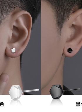 999纯银养耳洞几何耳钉男潮流个性痞帅黑色耳环小众耳骨钉耳饰品