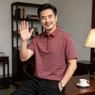 喜爸爸婚宴装夏季短袖条纹POLO衫男冰丝中年送父亲节礼物衣服t恤