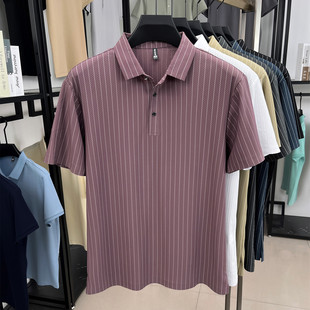 T恤冰丝翻领条纹体恤中青年爸爸上衣polo衫 2025新款 短袖 夏季 男士