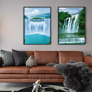 流水生财黄果树瀑布装饰画聚宝盆风景客厅玄关饭店挂画书房墙壁画