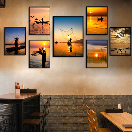 海鲜餐厅装饰画酒楼火锅店日出东方挂画饭店餐馆渔船渔民捕鱼壁画