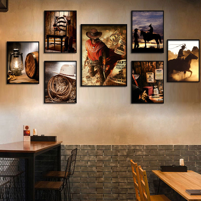 西部牛仔挂画美式酒吧酒馆咖啡厅餐吧装饰画ktv背景墙烧烤店壁画