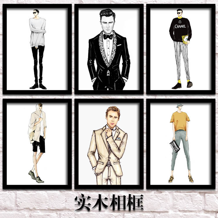 时尚男装店鞋包夏装装饰画服装店橱窗挂画海报仿手绘有框画壁墙画
