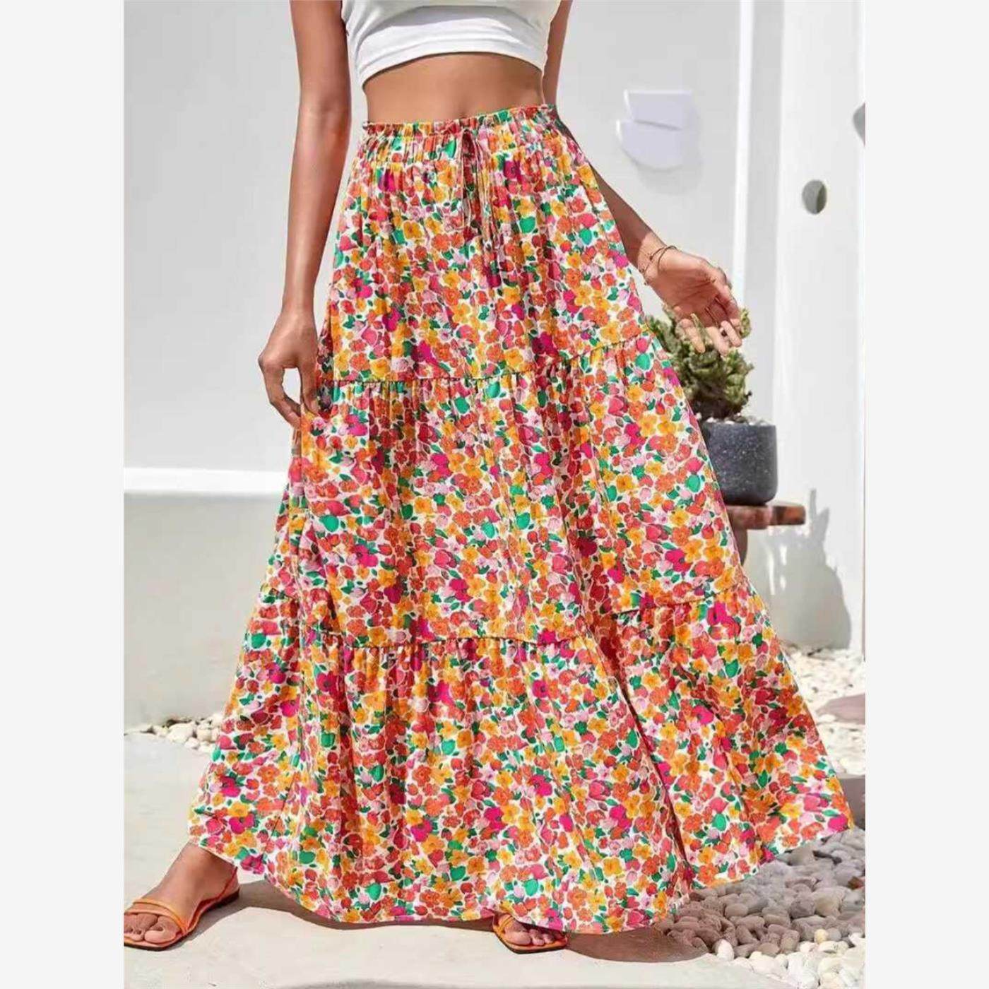 波西米亚夏季大码女度假风沙滩海边松紧腰收腰高腰碎花半身裙长裙