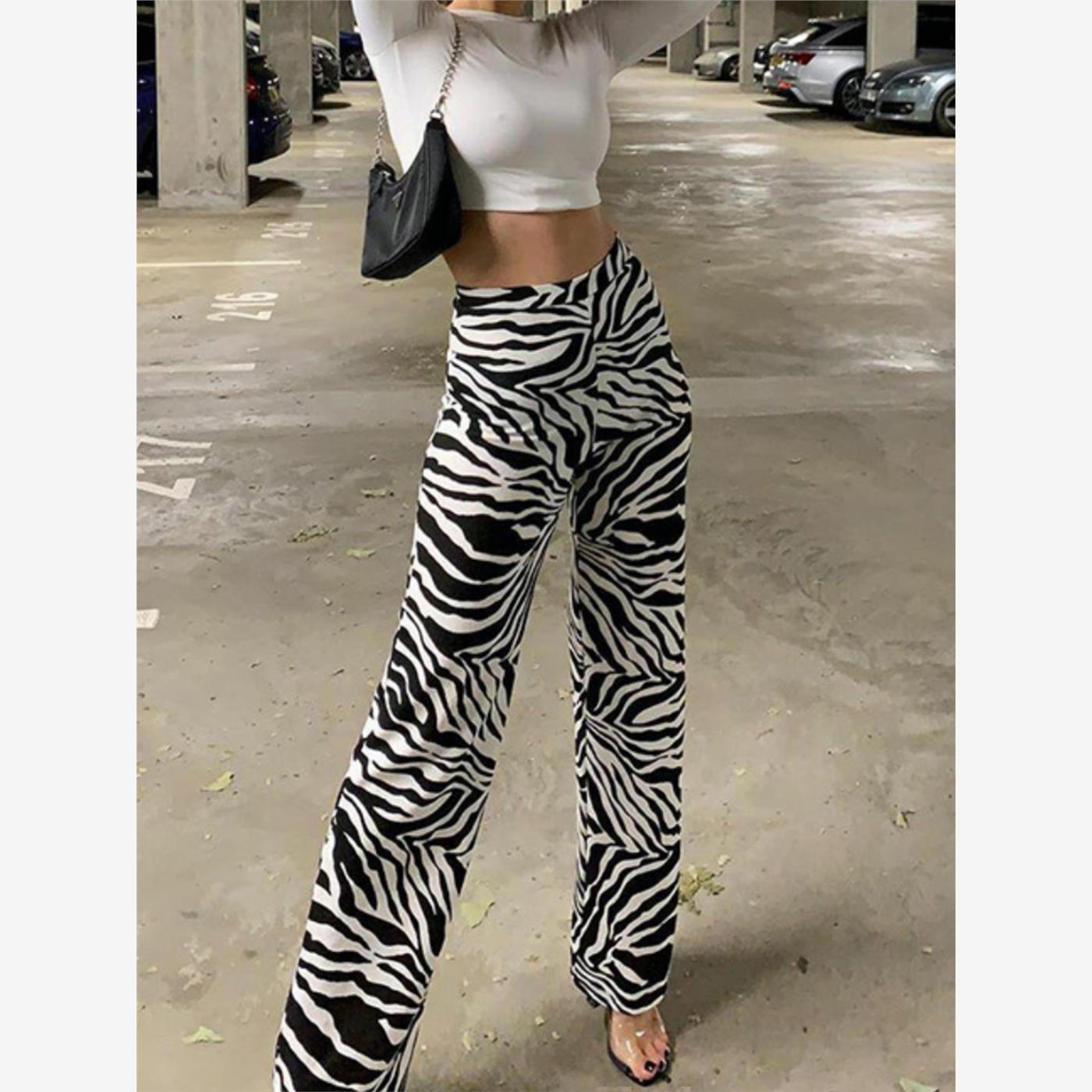 欧美风ins潮牌舞蹈辣妹春夏女装配短款上衣的斑马纹高腰微喇长裤