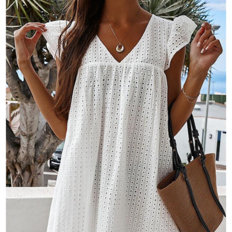 summer women dresses ladies skirt V领性感刺绣镂空花边连衣裙图片
