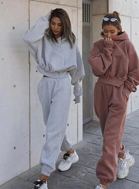 Women winter clothes sweaters休闲欧美风秋冬加绒卫衣长裤套装