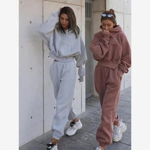 Women winter clothes sweaters休闲欧美风秋冬加绒卫衣长裤套装