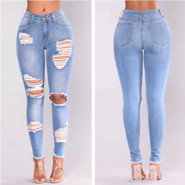 2019 Fashion elastic jeans ripped women ladies jeans pants女