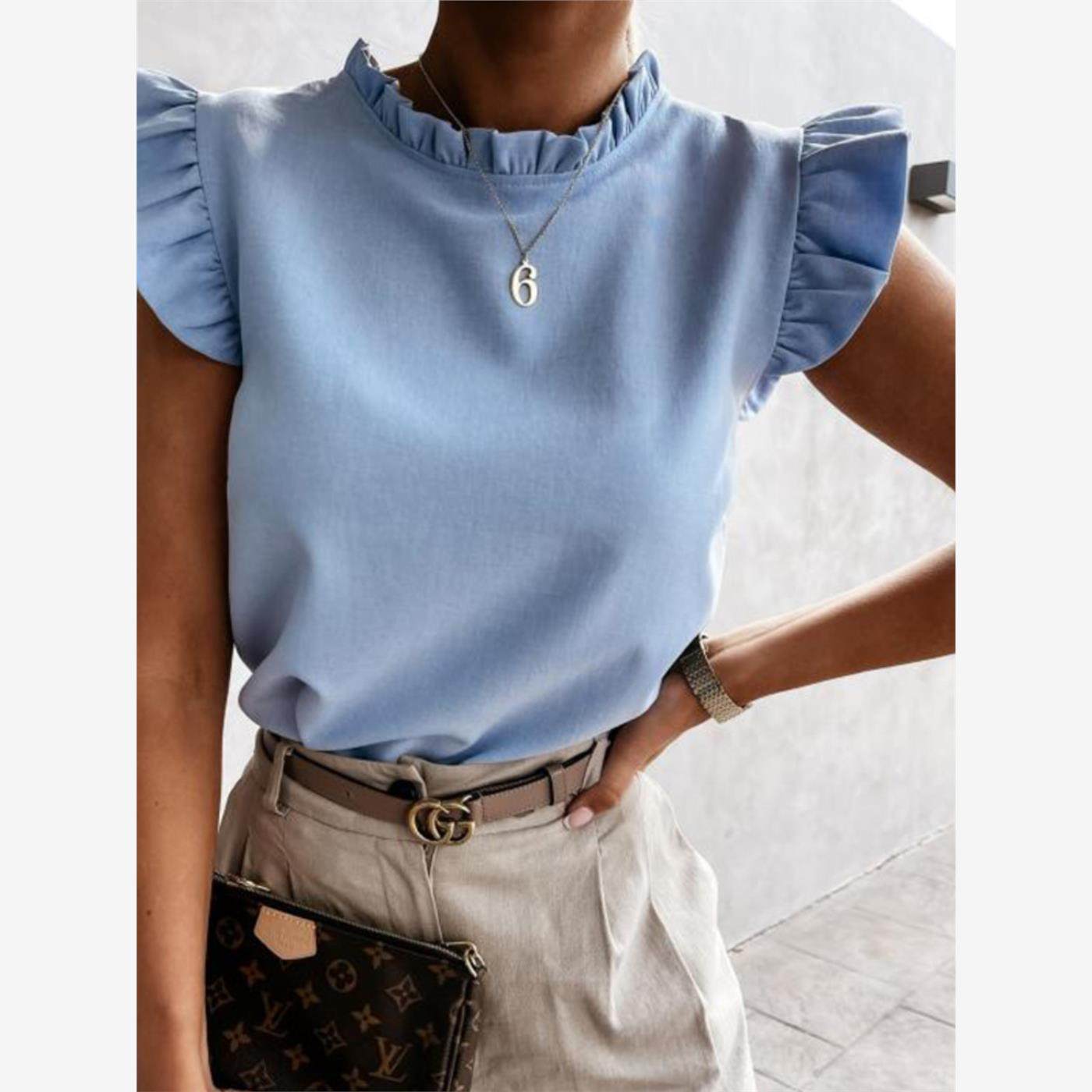 欧美街拍时尚甜美木耳花边飞飞袖无袖T恤镂空上衣T-shirt blous