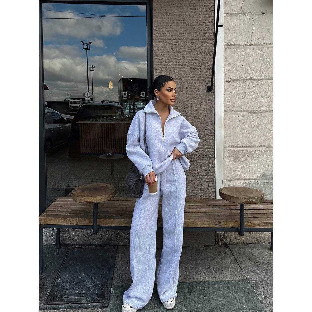 跨境欧美休闲女装时尚半开襟套头卫衣长裤两件套宽松秋冬套装suit