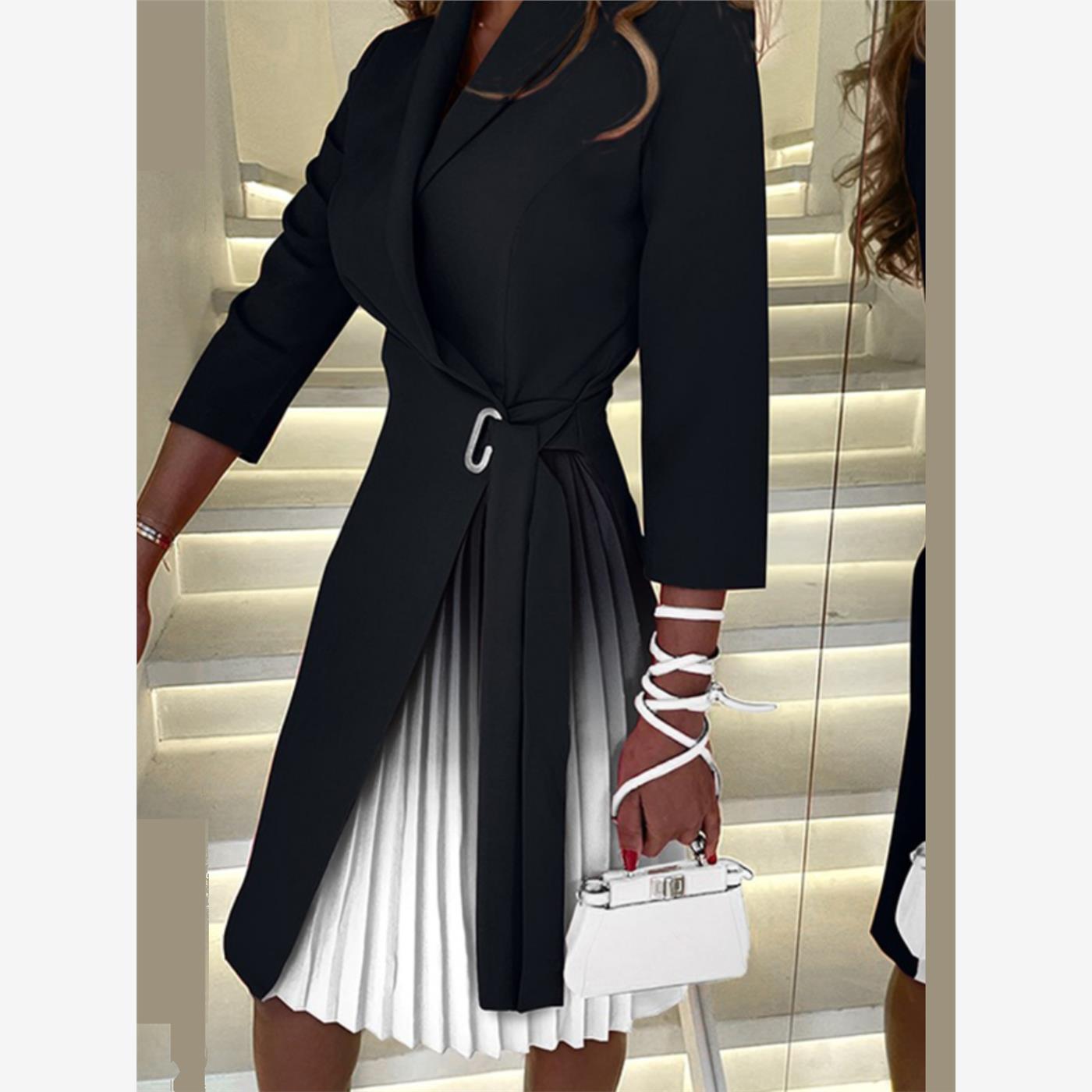 欧美秋季气质女装渐变收腰绑带中袖连衣裙中长款百褶裙子Dress