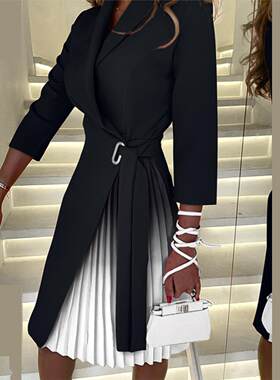 欧美秋季气质女装渐变收腰绑带中袖连衣裙中长款百褶裙子Dress