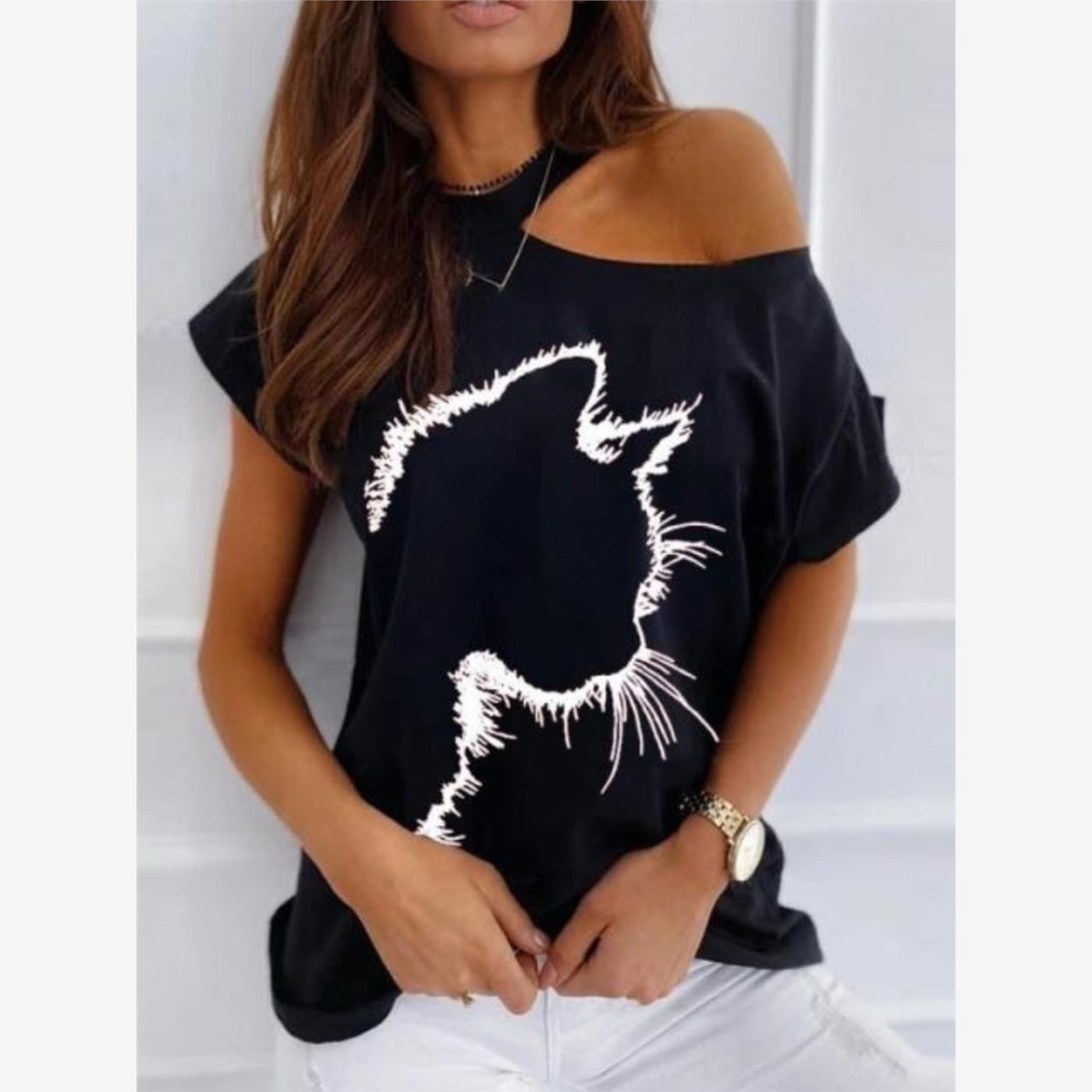 欧美休闲宽松大码女装猫咪漏肩短袖t恤百搭上衣plus size T-shirt