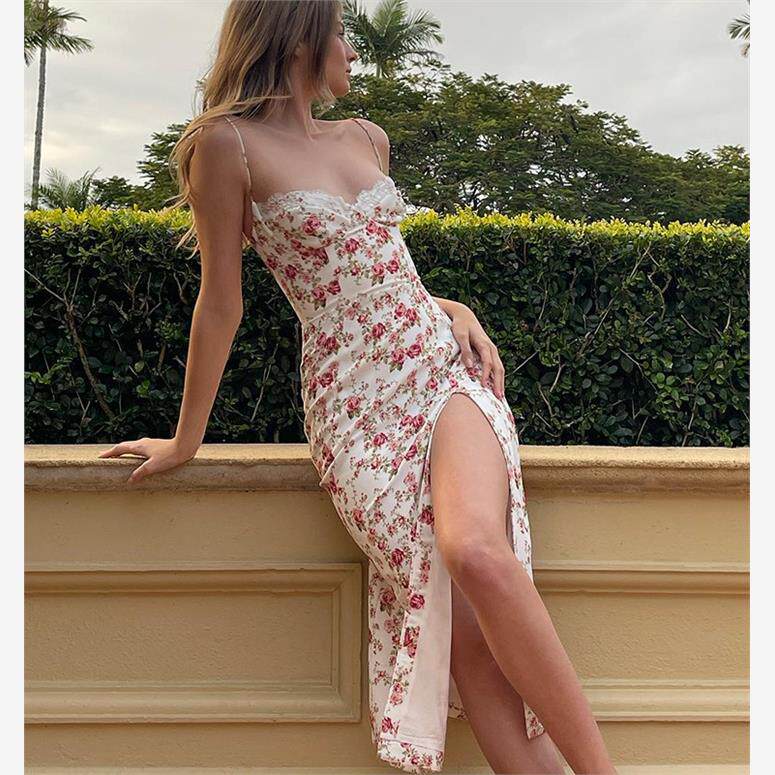 欧美性感低胸露背开叉春夏女装碎花吊带裙蕾丝度假中长款连衣裙子
