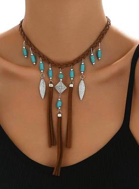 necklace women欧美民族风树叶编织流苏项链复古羽毛帽子牛角月牙