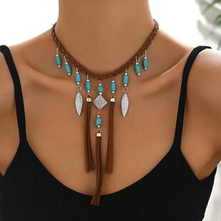 necklace women欧美民族风树叶编织流苏项链复古羽毛帽子牛角月牙