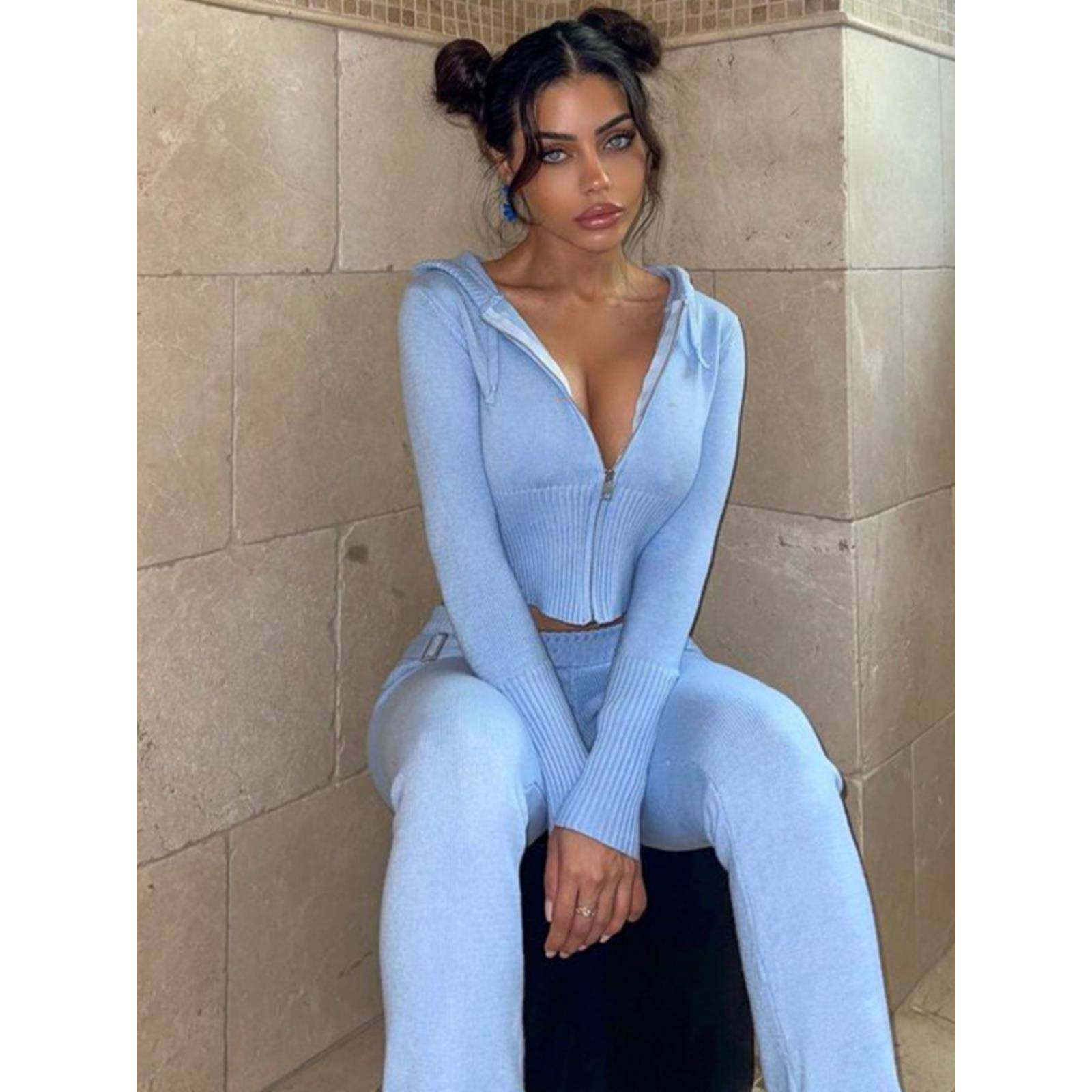 欧美针织拉链开衫连帽衫外套两件套包臀拼接时尚修身长裤休闲套装