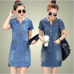 显瘦立领牛仔裙a字潮 修身 2020夏宽松气质短袖 牛仔连衣裙女大码