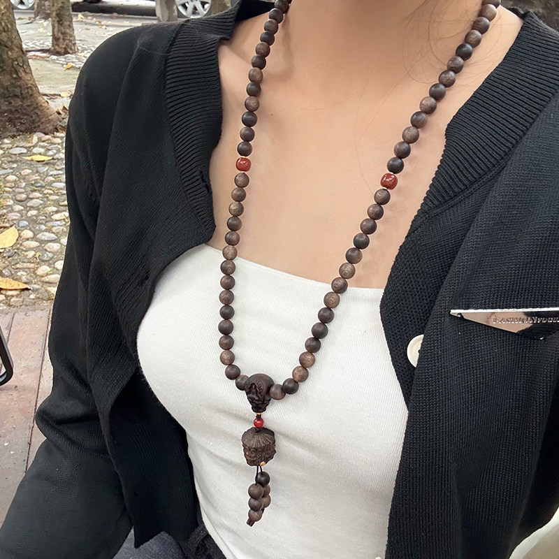 原创108颗天然沉香项链搭配三面佛精雕吊坠男女款多圈挂坠可手链