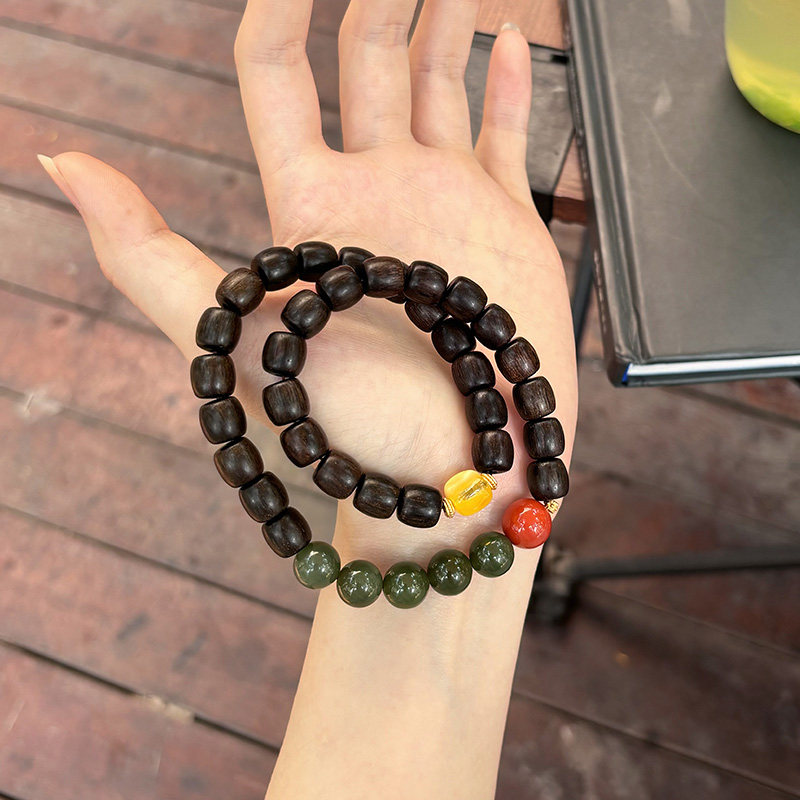 天然南红蜜蜡手串搭配老型桶珠