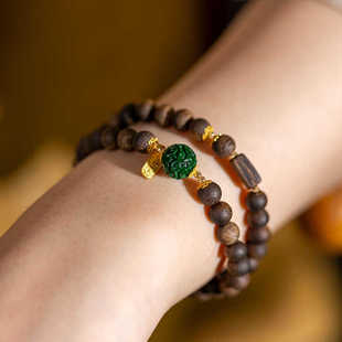 天然奇楠沉香圆珠双圈手串帝王绿翡翠色干青回纹珠转运珠手链女款