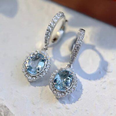 星赞轻奢珠宝S925银镶嵌约2.19克拉天然海蓝宝椭圆形耳坠精致礼物