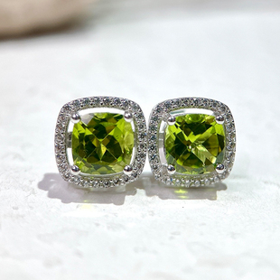 星赞925纯银镀金天然橄榄石耳钉耳饰冰糖围镶轻奢简约百搭日常