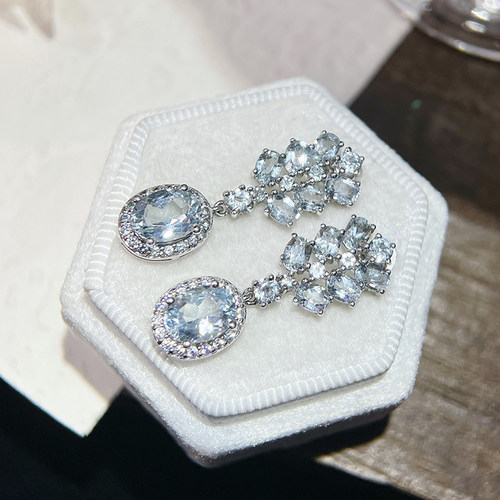 星赞925纯银镀金天然海蓝宝耳钉耳饰椭圆长流苏轻奢简约百搭个性