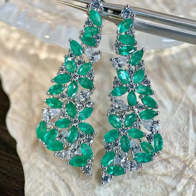 星赞S925纯银镀金约3.16克拉天然祖母绿长流苏高级奢华耳坠欧美