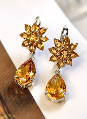 星赞轻奢珠宝s925银镶嵌约5.54克拉天然黄水晶太阳花造型耳钉耳饰