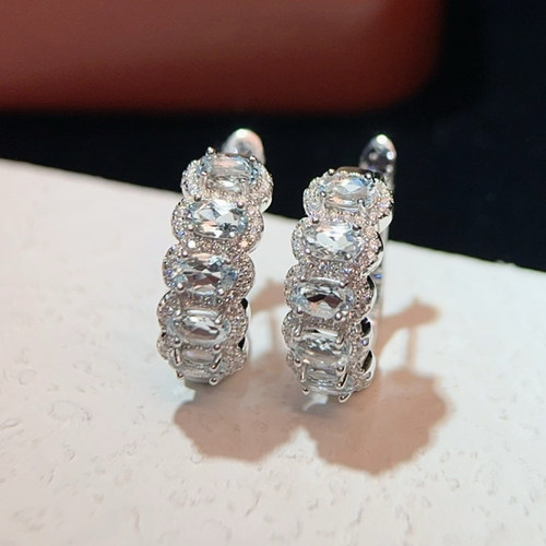 星赞925纯银镀金天然海蓝宝耳环耳饰椭圆轻奢精致简约百搭日常