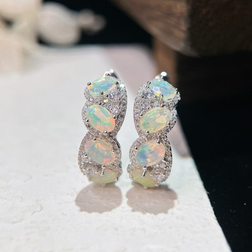 星赞925纯银镀金天然白澳宝耳环耳饰渐变椭圆轻奢简约百搭复古