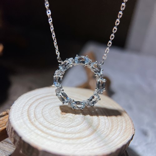 星赞轻奢珠宝925银镶嵌约1.54克拉天然海蓝宝吊坠满圈甜甜圈项链