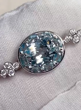 星赞轻奢珠宝S925银约2.18ct天然海蓝宝胸针围钻气质氛围椭圆胸针