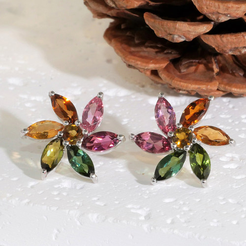 星赞925纯银镀金约4.31克拉天然彩色马眼粉蓝绿黄碧玺风车花耳钉