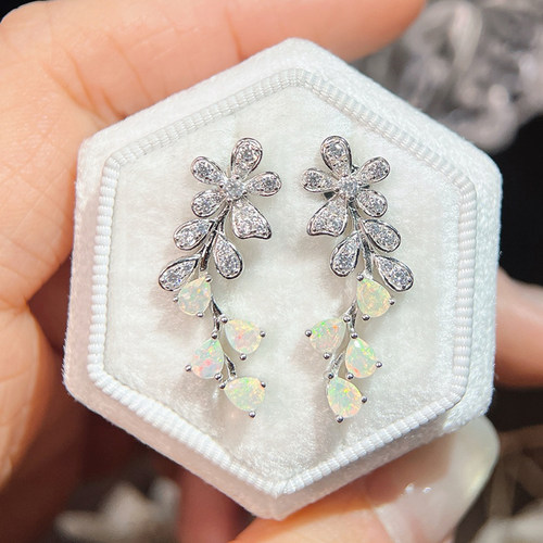 星赞925纯银镀金天然白澳宝耳钉耳饰水滴长流苏花花简约百搭日常