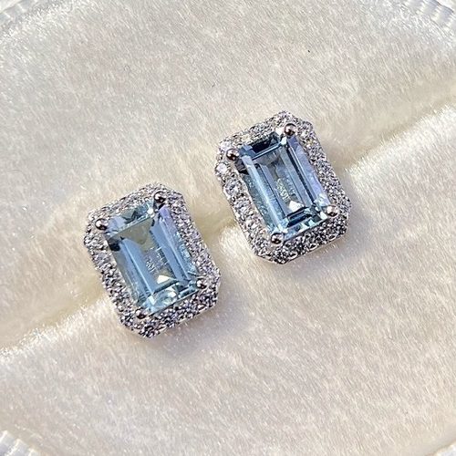 星赞轻奢珠宝S925银镶嵌约0.99克拉天然海蓝宝石小方块精致耳钉
