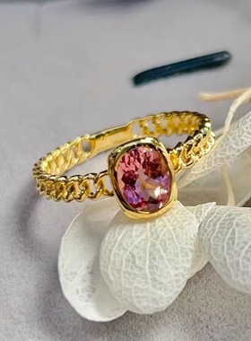 星赞轻奢珠宝925银镶约0.55克拉天然彩色粉碧玺戒指简约链条戒臂