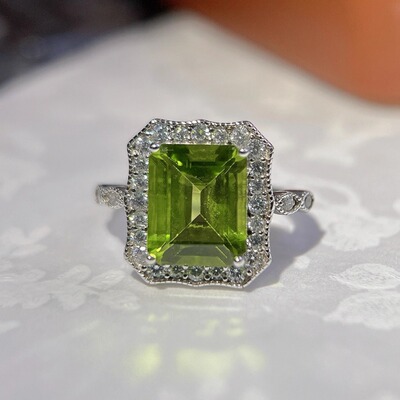 星赞S925纯银镀金约4.54克拉天然橄榄石大主石戒指简约百搭小清新