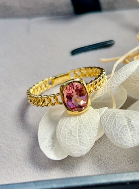 星赞轻奢珠宝925银镶嵌天然椭圆粉碧玺戒指链条设计小众高级时尚