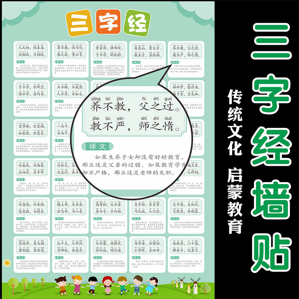 人之初性本善三字经全文完整注音版挂图小学生一年级带拼音墙贴