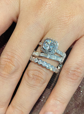 轻奢925纯银镀白金多层仿真钻戒