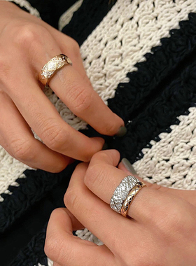 吾爱意大利进口925纯银微镶满钻轻奢锆石菱格纹戒指小香风指环女