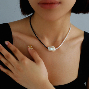 吾爱设计天然异形巴洛克珍珠吊坠黑白配链子水晶项链欧美复古气质