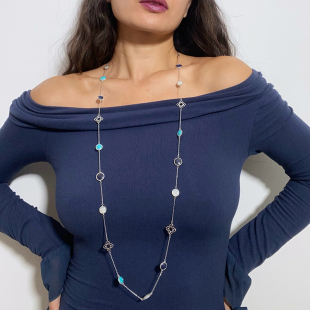 吾爱重工蓝调时刻925纯银天然绿松石青金石白贝母长款 项链毛衣链