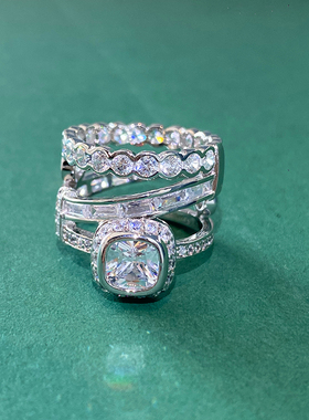 轻奢925纯银镀白金多层仿真钻戒
